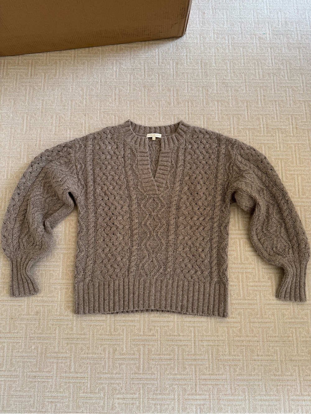Ann Mashburn Cozy Cable-Knit V-Neck Sweater in Taupe